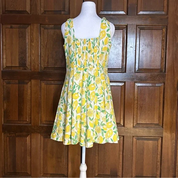 Gap Medium Linen Blend Lemon Print Dress NWT Summer Sundress Smocked Back A-Line - Picture 3 of 11